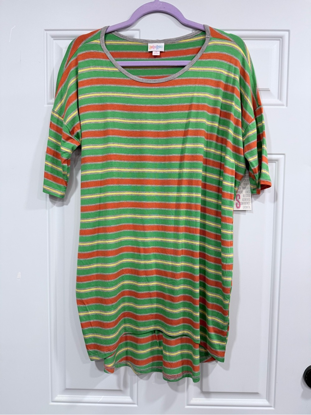 LuLaRoe Women's Short Sleeve Tee in Green, Orange & Yellow Stripes